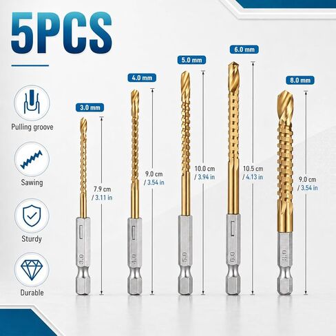 5Pcs Titanium Coated HSS Twist Drill Bits, 3-8mm Hex Shank Serrated Cutting Drills Bit Side Cutting Drills Bits Serrated Side Cuttings Drill Bit Woodworking Tools for Wood Metal Plastic Hole in Kuwait