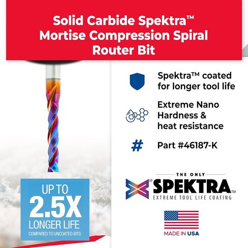 Amana Tool 46187-K CNC SC Spektra Extreme Tool Life Coated Mortise Compression Spiral 3/16 D x 1 CH 1/4 SHK 2-1/2 Inch Long 2 Flute Router Bit in Kuwait