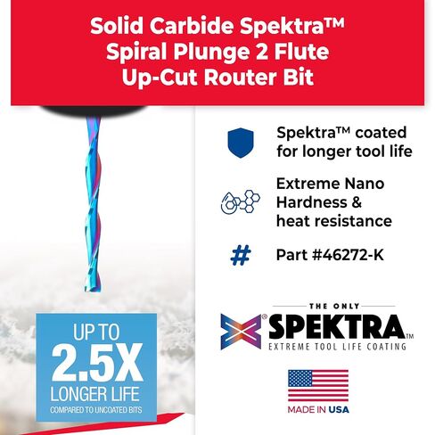 Amana Tool Spektra Extreme Tool Life Solid Carbide CNC Up-Cut Spiral Foam Cutting Router Bit, 46272-K, 1/4 D x 2-1/4 CH x 1/4 SHK x 4 Inch Long in Kuwait