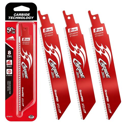 GRENPRO 3PCS Carbide Reciprocating Saw Blades, 6-Inch 8TPI Bi-Metal | for Thick Metal/Cast Iron/Alloy Steel Cutting, Non-Stick Coated Endurance Blade for Reciprocating Saws in Kuwait