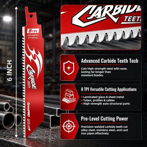 GRENPRO 3PCS Carbide Reciprocating Saw Blades, 6-Inch 8TPI Bi-Metal | for Thick Metal/Cast Iron/Alloy Steel Cutting, Non-Stick Coated Endurance Blade for Reciprocating Saws in Kuwait