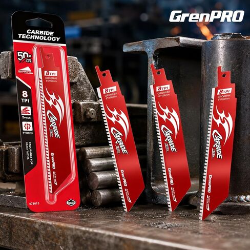 GRENPRO 3PCS Carbide Reciprocating Saw Blades, 6-Inch 8TPI Bi-Metal | for Thick Metal/Cast Iron/Alloy Steel Cutting, Non-Stick Coated Endurance Blade for Reciprocating Saws in Kuwait