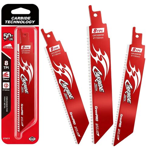 GRENPRO 3PCS Carbide Reciprocating Saw Blades, 6-Inch 8TPI Bi-Metal | for Thick Metal/Cast Iron/Alloy Steel Cutting, Non-Stick Coated Endurance Blade for Reciprocating Saws in Kuwait