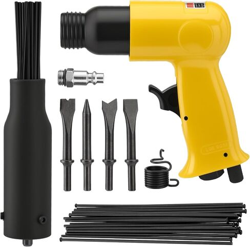 2 in 1 Air Needle Scaler, 4500 BPM Pneumatic Chisel Hammer Kit | High Impact Rust Remover Tool with 38-Pcs Replacement Flat-head Descaling Needles & 4 Chisel Bits, Yellow in Kuwait