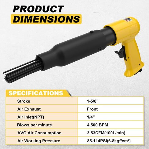 2 in 1 Air Needle Scaler, 4500 BPM Pneumatic Chisel Hammer Kit | High Impact Rust Remover Tool with 38-Pcs Replacement Flat-head Descaling Needles & 4 Chisel Bits, Yellow in Kuwait