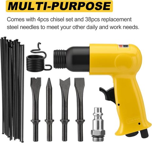 2 in 1 Air Needle Scaler, 4500 BPM Pneumatic Chisel Hammer Kit | High Impact Rust Remover Tool with 38-Pcs Replacement Flat-head Descaling Needles & 4 Chisel Bits, Yellow in Kuwait