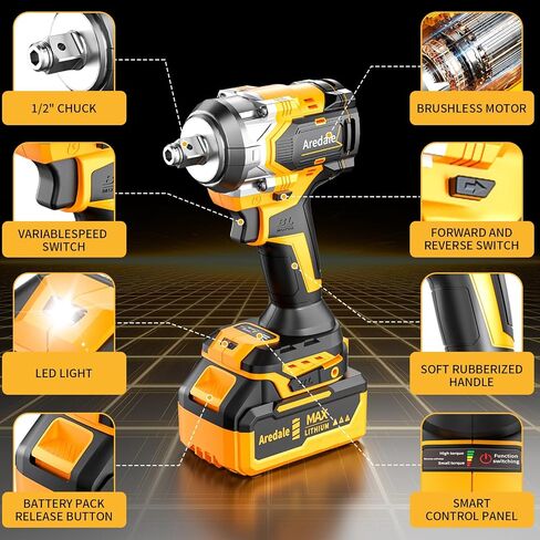 Cordless Impact Wrench, Brushless Motor 450N.m (380Ft-lbs), 1/2 Inch cordless Impact Gun with 2 x 4.0Ah Battery, 6 Sockets Electric Impact Wrench for Car/DIY Furniture/Home in Kuwait