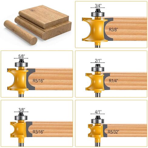 5 PCS Bullnose Router Bit Set 1/4-Inch Shank Half Round Bearing Bullnose | Woodworking Cutter 1/8" 3/16" 1/4" 5/16" 3/8" - Carbide Bearing Half Round Edge Router Bits for Door Table Cabinet Shelve in Kuwait