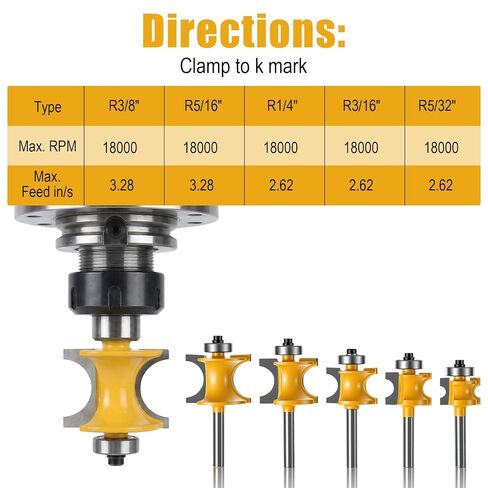 5 PCS Bullnose Router Bit Set 1/4-Inch Shank Half Round Bearing Bullnose | Woodworking Cutter 1/8" 3/16" 1/4" 5/16" 3/8" - Carbide Bearing Half Round Edge Router Bits for Door Table Cabinet Shelve in Kuwait