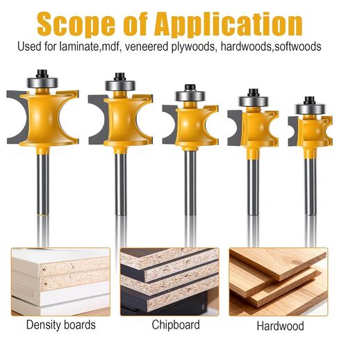 5 PCS Bullnose Router Bit Set 1/4-Inch Shank Half Round Bearing Bullnose | Woodworking Cutter 1/8" 3/16" 1/4" 5/16" 3/8" - Carbide Bearing Half Round Edge Router Bits for Door Table Cabinet Shelve in Kuwait