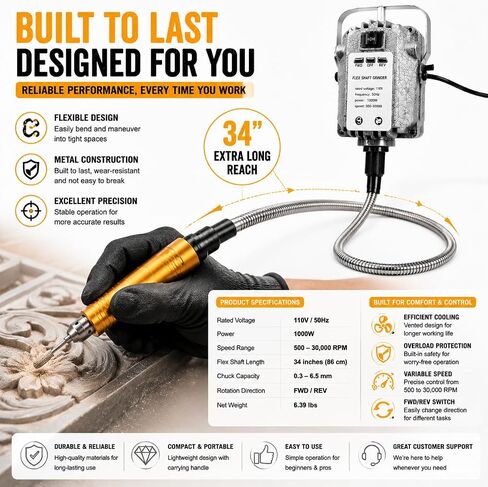 1000W Flex Shaft Grinder, 30000RPM Flex Shaft Rotary Tool with Foot Pedal, Variable Speed Hanging Carver, Metal Flex Shaft, Forward/Reverse for Jewelry Wood Metal in Kuwait