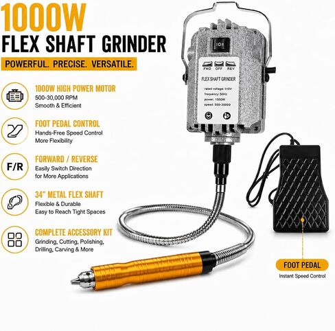 1000W Flex Shaft Grinder, 30000RPM Flex Shaft Rotary Tool with Foot Pedal, Variable Speed Hanging Carver, Metal Flex Shaft, Forward/Reverse for Jewelry Wood Metal in Kuwait