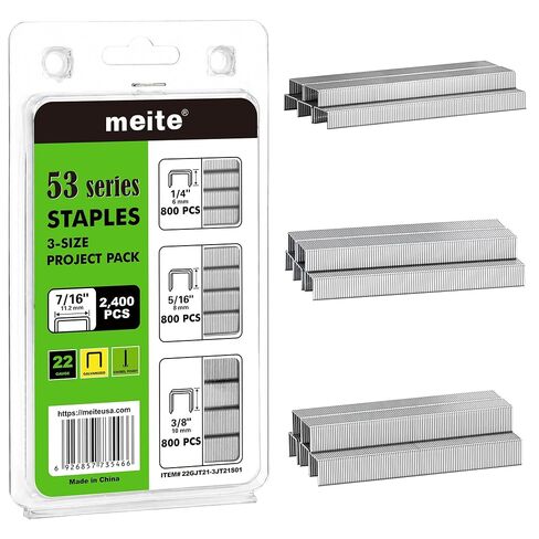 meite JT21 Staples, Assorted 3 Sizes (1/4", 5/16", 3/8") Fine Wire Staples for Staple Gun - Galvanized 7/16" Crown JT21 Staple Refill, Ideal for Upholstery, Crafts, Furniture, 2,400 Counts in Kuwait