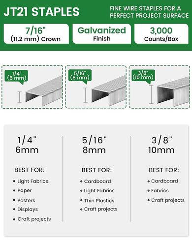 meite JT21 Staples, Assorted 3 Sizes (1/4", 5/16", 3/8") Fine Wire Staples for Staple Gun - Galvanized 7/16" Crown JT21 Staple Refill, Ideal for Upholstery, Crafts, Furniture, 2,400 Counts in Kuwait