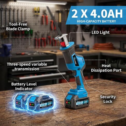 Cordless Reciprocating Saw,Electric Saw with 2 X 4.0Ah Batteries, Handheld Brushless Motor Saw Lightweight with Variable Speed 0-3500 SPM,12 Blades,Cordless Saw for Cutting Wood PVC Pipe in Kuwait