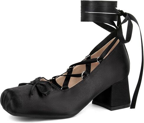 SHEMEE Satin Ballerina Heels for Women Chunky Block Heel Ribbon Pumps Square Toe Ballet Heels Lace Up Lolita Cosplay Court Fairy Shoes Unique Y2K Gothic Bow Heel Dressy Shoe in Saudi Arabia