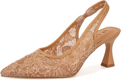 Lace Wedding Heels for Women Mesh Kitten Heels Slingback Bridal Shoes Closed Pointed Toe Dressy Pumps Shoes in Kuwait