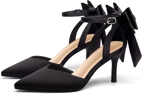 Coutgo Women's Kitten Heels Closed Pointed Toe Pumps Bow Ankle Strap Wedding Party Dress Shoes in Kuwait