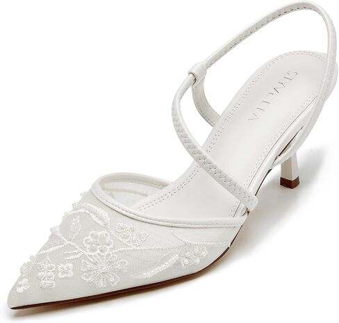 Womens Kitten Heel Slingback Mesh Pumps – Pointed Toe Low Heel Dress Shoes for Women Pearl Embroidered Elegant Closed Toe Heels for Wedding Party 2.76 inches in Kuwait