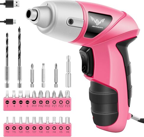 JENABOM 8V Pink Cordless Drill, 3/8" Keyless Chuck, Variable Speed | Electric Drill with LED Light, Lightweight Design, Type-C Charging, Ideal for Home DIY Repair, Gift in Kuwait