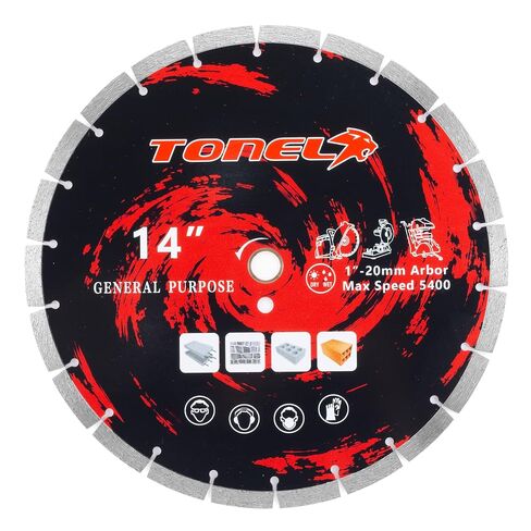TONEL 14 Inch Diamond Concrete Saw Blade, Segmented General Purpose Blade | Hot Press Dry/Wet Cutting, Reinforced Concrete, Masonry, Brick, Block, Paver, 1"-20mm Arbor in Kuwait