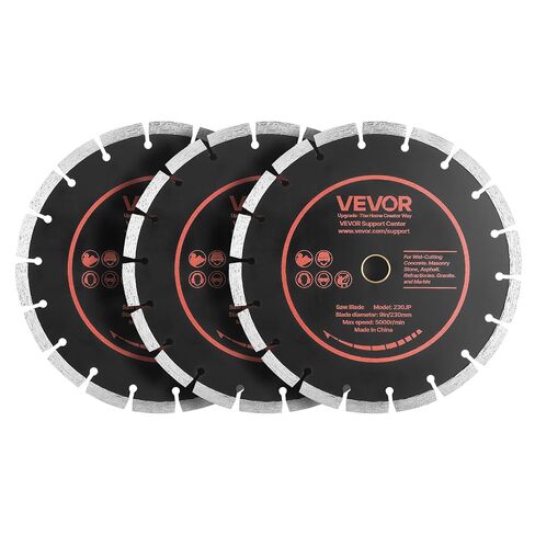 VEVOR Diamond Blades 9 inch, 3-Pack Concrete Saw Blade Set, 7/8 in Arbor, High-Hardness Diamond Segments, 65Mn Steel Core, Dry Wet Cutting, Clean Edges for Concrete, Masonry, Brick, Stone, Granite in Kuwait