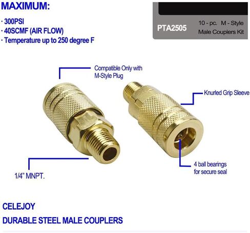 10 Pack 1/4 Inch NPT Male Air Coupler - Industrial M Style Quick Connect Coupling, Brass Finish for Durability & Safe Air Hose Disconnection in Kuwait
