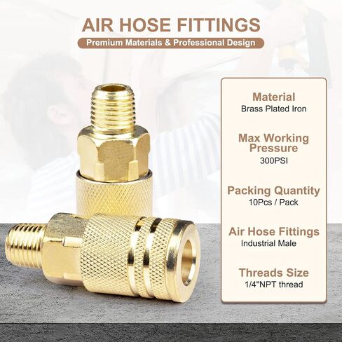 10 Pack 1/4 Inch NPT Male Air Coupler - Industrial M Style Quick Connect Coupling, Brass Finish for Durability & Safe Air Hose Disconnection in Kuwait