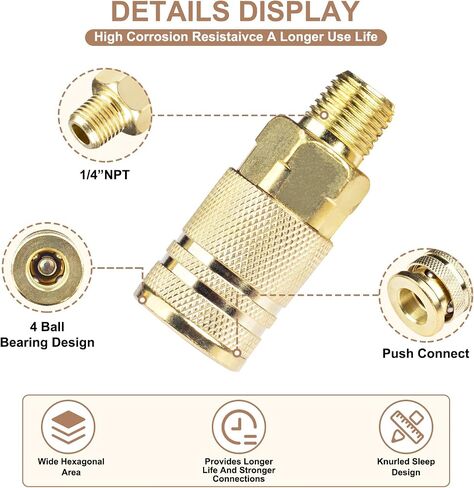 10 Pack 1/4 Inch NPT Male Air Coupler - Industrial M Style Quick Connect Coupling, Brass Finish for Durability & Safe Air Hose Disconnection in Kuwait