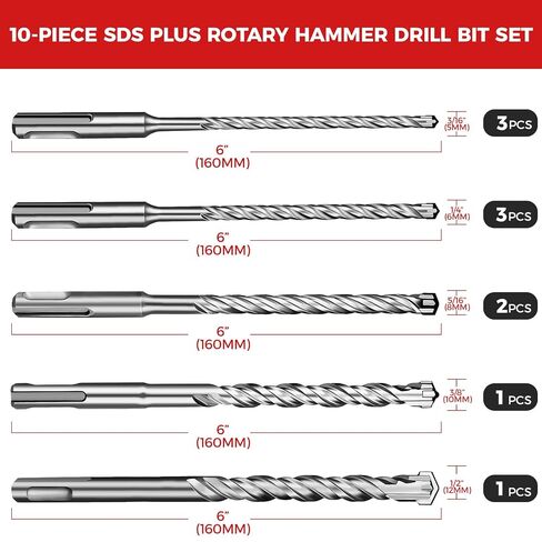 SDS Plus Rotary Hammer Drill Bit Set, 10-Pack 3/16"-1/2", Cross Carbide Tip Masonry Drill Bits for Concrete, Brick, Stone in Saudi Arabia