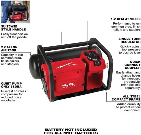 2840-20 for Milwaukee M18 18V 2 Gallon Portable Compact Quiet Compressor | Length 18.62 in Width 16.25 in Height 10.62 in in Kuwait