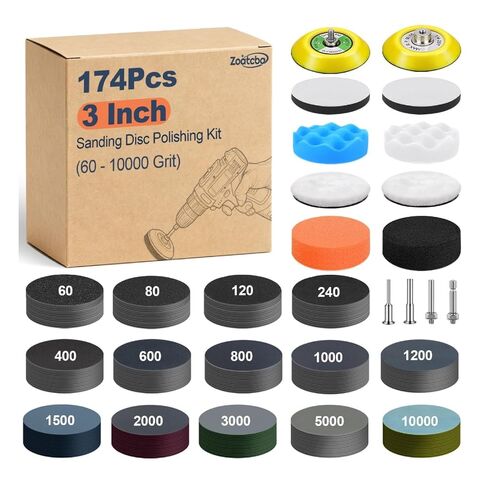 174Pcs 3 Inch Sanding Discs Drill Polishing Kit, 60-10000 Grit Set | Wet Dry Hook and Loop Sandpaper with Wool Sponge Buffing Pads, Drill Attachment for Headlight Restoration, Car Metal Wood in Kuwait