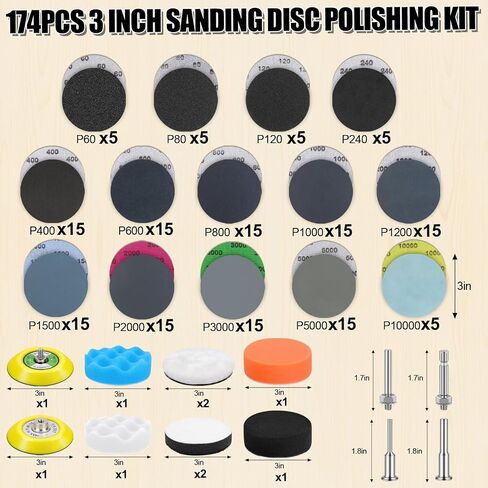174Pcs 3 Inch Sanding Discs Drill Polishing Kit, 60-10000 Grit Set | Wet Dry Hook and Loop Sandpaper with Wool Sponge Buffing Pads, Drill Attachment for Headlight Restoration, Car Metal Wood in Kuwait