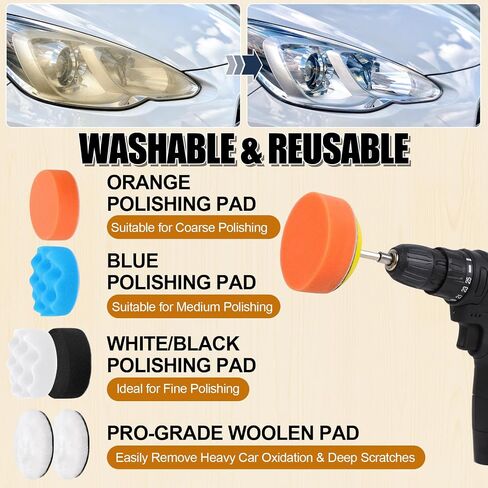 174Pcs 3 Inch Sanding Discs Drill Polishing Kit, 60-10000 Grit Set | Wet Dry Hook and Loop Sandpaper with Wool Sponge Buffing Pads, Drill Attachment for Headlight Restoration, Car Metal Wood in Kuwait