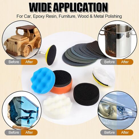 174Pcs 3 Inch Sanding Discs Drill Polishing Kit, 60-10000 Grit Set | Wet Dry Hook and Loop Sandpaper with Wool Sponge Buffing Pads, Drill Attachment for Headlight Restoration, Car Metal Wood in Kuwait