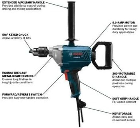 Bosch GBM9-16 9 Amp 5/8 Inch Easy to Operate Lower Vibration Magnesium Front Housing Mixer with D-Handle (Black Blue, ) (Renewed) in Kuwait