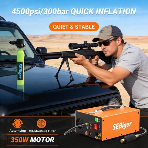 PCP Air Compressor 4500 PSI 300Bar with Auto Shut-Off Portable High Pressure Pump 12V DC 110V AC Dual Power Built-in Cooling Fan 300W for Paintball Scuba Tank in Kuwait