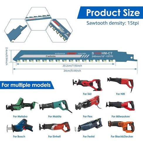 Reciprocating Saw Blade 10/12/18/20inch,Universal Cutting Recip Sabre Saw Blade Alloy Steel Brick Concrete,Masonry Cutting for Cement Composite Panels Bricks (10 inches) in Kuwait
