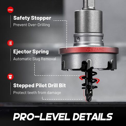 EZARC 9-Piece Quick Change Carbide Hole Saw Kit, 7/8"-2" Hole Cutters with Pilot Drills, Hex Key & Spring, Heavy Duty Tungsten Carbide Cutter Set for Stainless Steel & Sheet Metal in Kuwait