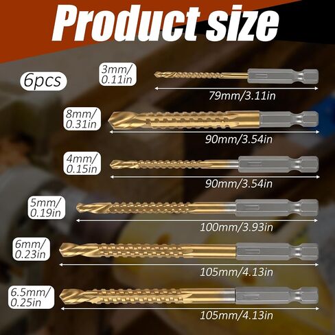 6 Pack Titanium Coated HSS Twist Drill Bit 3-8mm Serrated Side Cutting Drill Bit Hex Shank Serrated Cutting Bits Woodworking Tools for Wood Metal Plastic Hole in Kuwait