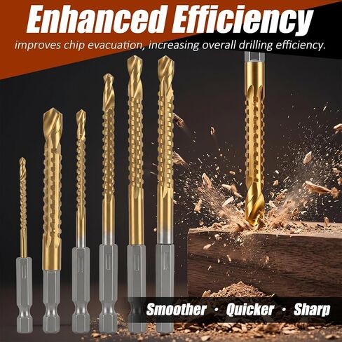 6 Pack Titanium Coated HSS Twist Drill Bit 3-8mm Serrated Side Cutting Drill Bit Hex Shank Serrated Cutting Bits Woodworking Tools for Wood Metal Plastic Hole in Kuwait
