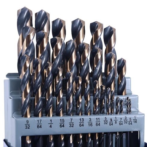 29 Pcs HSS Drill Bit Set, 1/16"-1/2" 135° Split Point, Black & Gold Oxide Coated for Stainless Steel, Metal, Wood, Plastic, with Indexed Metal Case in Kuwait