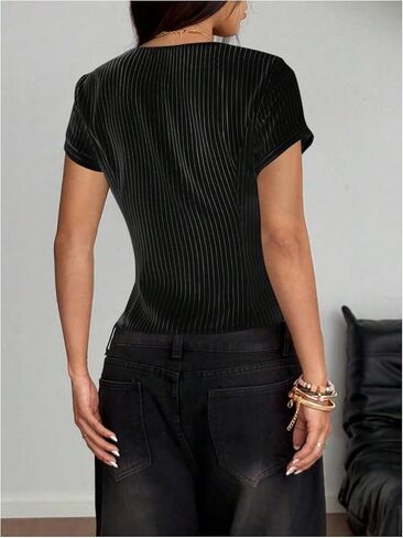 SOLY HUX Women's Short Sleeve Blouse Striped Metal Decor Button Front Casual Summer Tops in Saudi Arabia