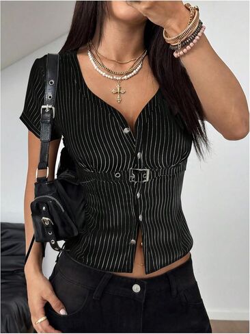 SOLY HUX Women's Short Sleeve Blouse Striped Metal Decor Button Front Casual Summer Tops in Saudi Arabia