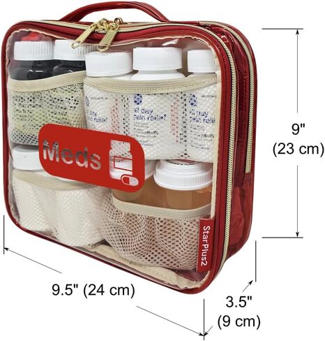 Medium Travel Pill Bottle Organizer, Clear Medicine Bag, 2 Zipper Compartments with Divider and Mesh Pockets, Easy View of Medications, Medical Supplies, and Toiletries, Soft PVC - Black in Saudi Arabia