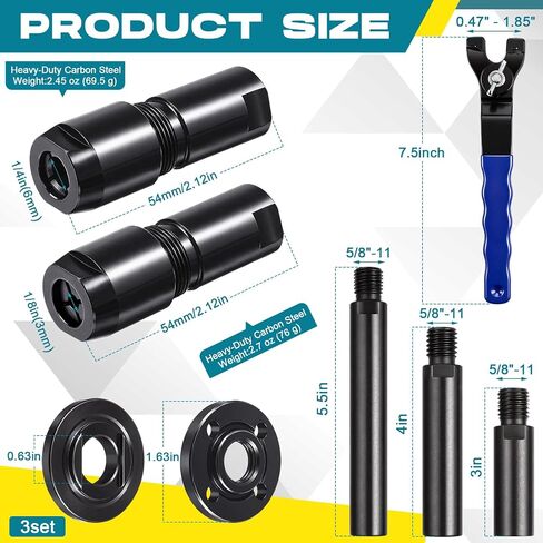 Lounsweer 12 Pcs Angle Grinder Extension Shaft Attachments Kits,3mm & 6mm Angle Die Grinder Collet Chuck Adapter (5/8"-11 Thread) Extension Rods (5.5"/4"/3") Flange Nut Set with Spanner Wrench (Blue) in Kuwait