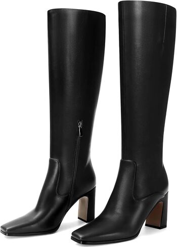 Knee High Boots for Women Square Toe Chunky High Heeled Tall Boots Fashion Side Zipper Long Boots Black Size US6.5 in Kuwait