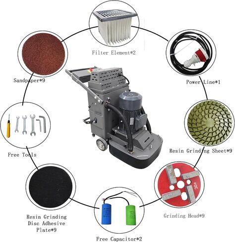 Concrete Floor Grinder Machine Cement Ground Grinder with 9 Grinding Disc 40L Vacuum Dust Collector Expoxy Floor Grinding Polishing Machine 220V 7.5kw Two Fans in Kuwait