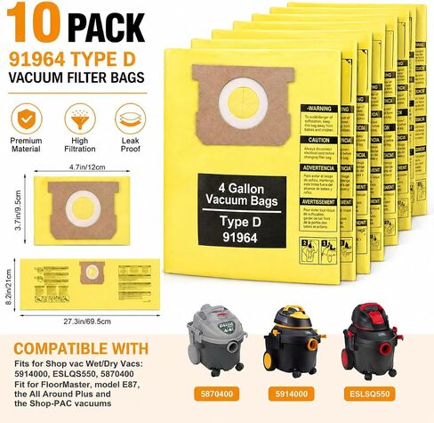 6 Pack 91964 Type D Vacuum Bags Replacement Compatible with Shop-Vac 4 Gallon Wet/Dry Vacuums, Fits 9196400 9196433 All Around Plus FloorMaster, High Efficiency Dust Collection Bag in Kuwait