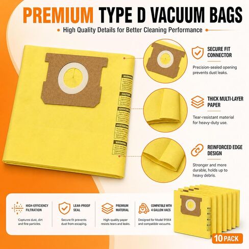 6 Pack 91964 Type D Vacuum Bags Replacement Compatible with Shop-Vac 4 Gallon Wet/Dry Vacuums, Fits 9196400 9196433 All Around Plus FloorMaster, High Efficiency Dust Collection Bag in Kuwait